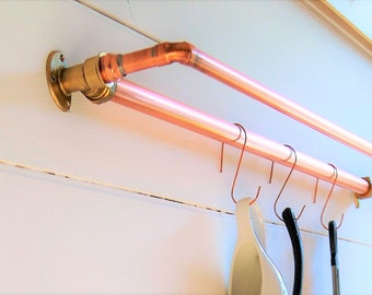 Estante para ollas de cobre artesanal: organizador de utensilios de cocina de doble riel (900 mm)