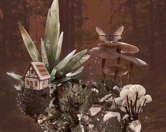 Woodland Scene Fine Art Print Forest Fairy Tale Inspired Gingerbread House Photo Collage Mushroom Crystal Moth Christmas Holiday Theme