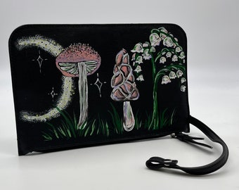 Moon Mushroom Pouch Hand Painted Leather Accessory Recycled Wristlet Bag Artist Made Repurposed Art
