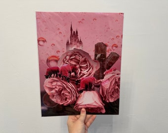 Pink Rose Crystal Fine Art Print Surreal Landscape Photo Collage Sheep Castle