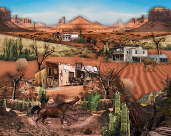Cowboy Baby Fine Art Print Western Inspired Horse Photo Collage Desert Cactus Saloon Ghost Town
