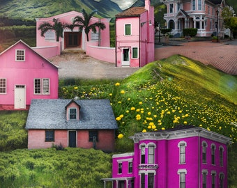 Barbieland Art Print Barbie Doll Inspired Surreal Landscape Photo Collage Dream House Pink Houses