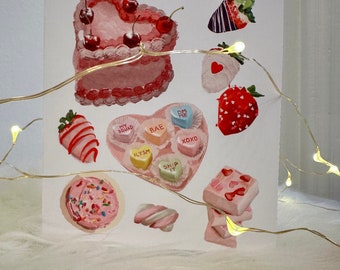 Illustrated Sweets Cakes Blank Valentine Card Water Color Valentines Day Greeting Card Holiday Heart Shaped