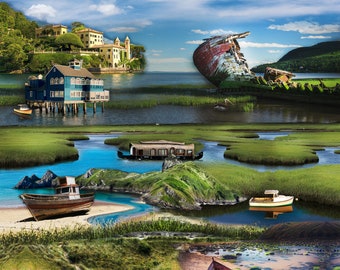 Boats Ship Yacht Fine Art Print Inspired Surreal Landscape Photo Collage Ocean Abandoned Island Sea Nautical Pelican