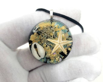 Ocean Seashell Orgonite Pendant w Starfish | Aura Quartz & Amethyst or Opal Gemstone