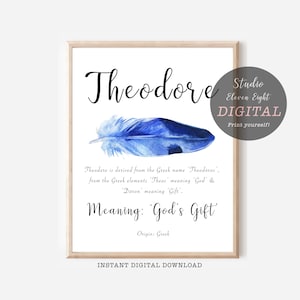 Theodore Name Meaning Print: Blue Feather Nursery Decor (Digital Download)