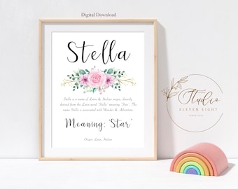 STELLA Name Meaning Print : Personalised Pink Floral Nursery Printable (Digital Download)