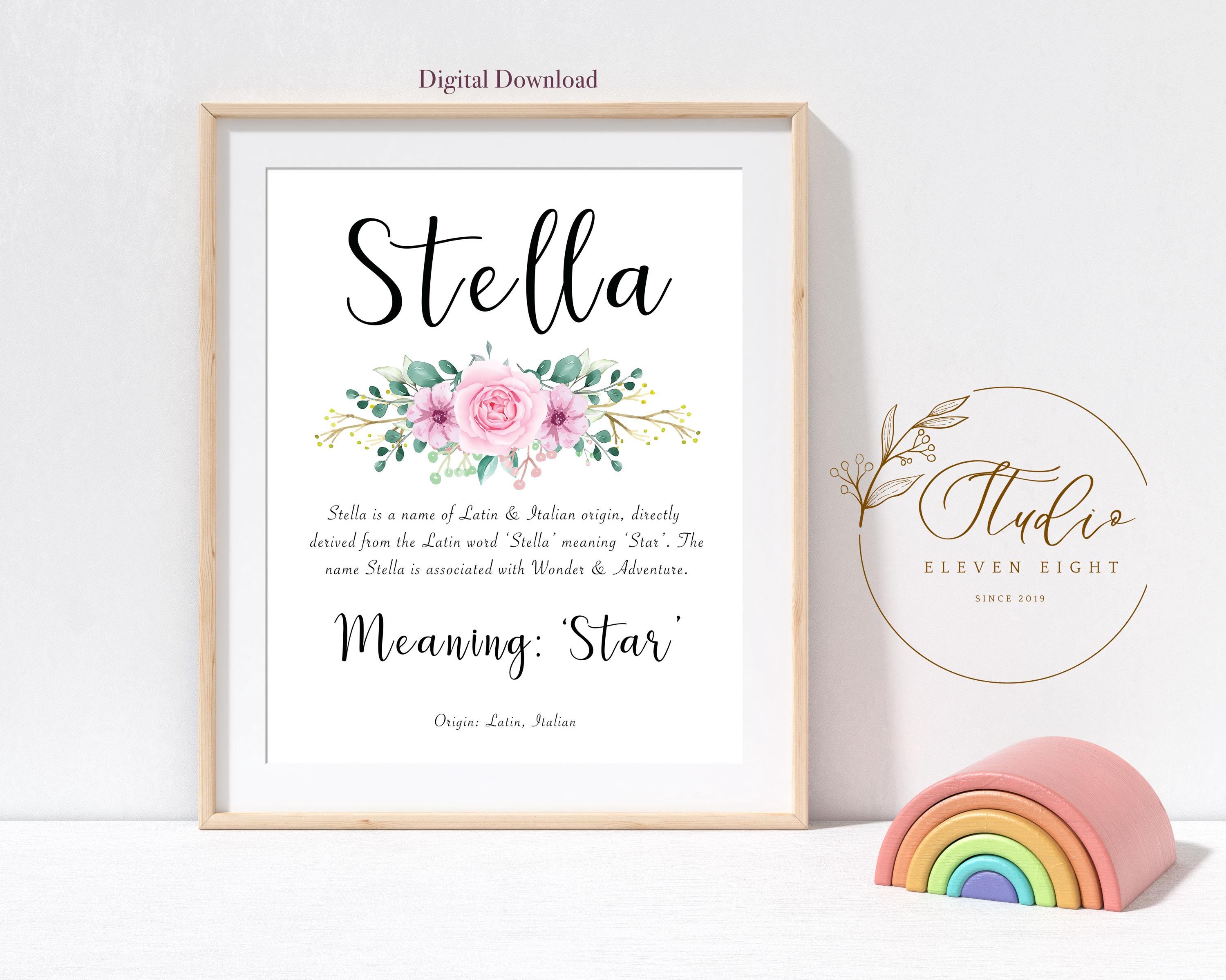STELLA Name Meaning Print : Personalised Pink Floral Nursery