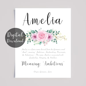 Amelia Name Meaning Digital download with pink flowers and Calligraphy style font