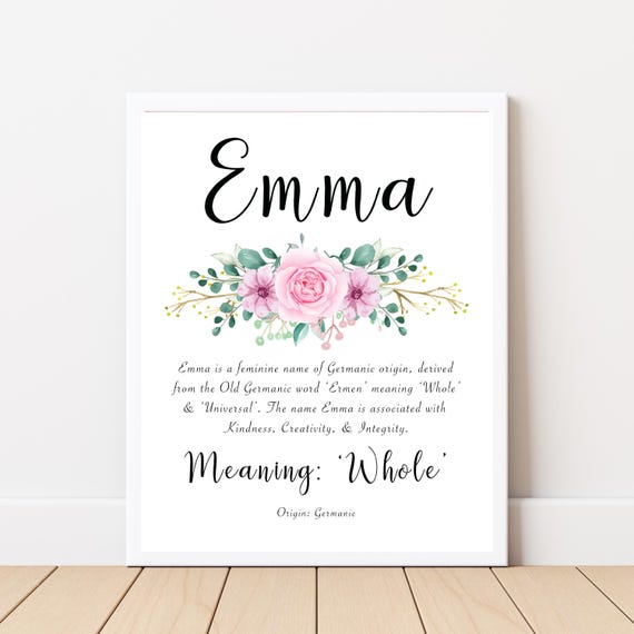 Emma Name Meaning Printable With Pink Flower and Calligraphy Font