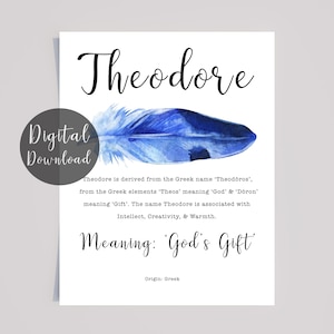 Theodore Name Meaning Print: Blue Feather Nursery Decor (Digital Download)