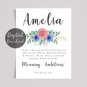 AMELIA Name Meaning Digital Download with pink and Blue Flowers and calligraphy style font : Instant Download