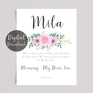 Mila Name Meaning Printable with Pink Flowers and calligraphy style font : Instant Download