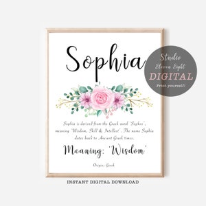Significado do nome Sophia: impressão digital floral rosa, download instantâneo de Sophia, arte para berçário, presente com impressão de nome personalizado, A4, 8x10, 11x14, 16x20