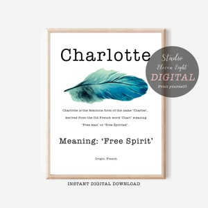 Signification du nom de Charlotte imprimable avec plume bleu-vert et conception de polices de machine à écrire, Signification du nom de Charlotte en téléchargement immédiat