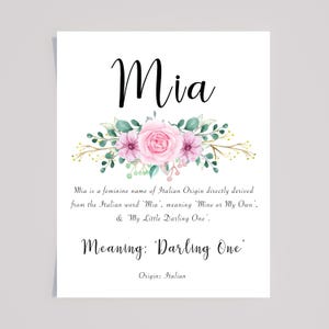 Mia Personalised Name Meaning print with Pink flowers and calligraphy font,  Mia Personalised Nursery, Kids room, Personalised Gift for Mia