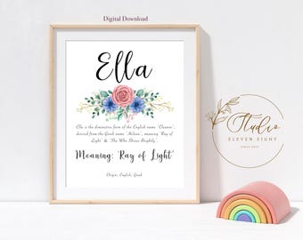 ELLA Name Meaning Printable : Girls Personalised Floral Nursery wall  (Digital Download)