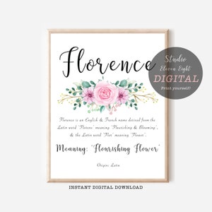 Significado del nombre Florence para imprimir con diseño floral rosa, descarga digital instantánea de Florence, impresión personalizada del significado del nombre de Florence