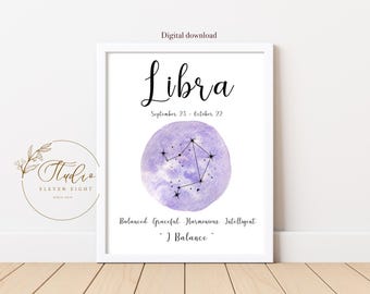 LIBRA Star Sign Constellation Printable, purple watercolour zodiac print (Digital download)
