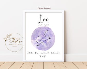 Leo Star Sign Constellation Printable, purple watercolour Zodiac print (Digital download)