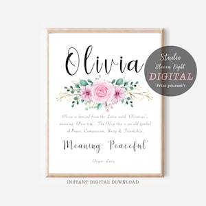Olivia Name Meaning Pink Floral Digital Print, Olivia Instant DIGITAL DOWNLOAD,  Olivia Personalised Name Print Gift, Personalised girl gift