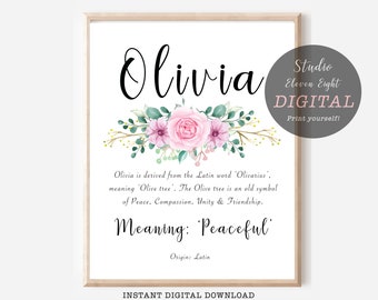 Olivia Name Meaning Pink Floral Digital Print, Olivia Instant DIGITAL DOWNLOAD,  Olivia Personalised Name Print Gift, Personalised girl gift