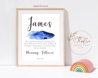 JAMES Name Meaning Print: Boys Personalised Blue Feather Nursery Printable (Digital Download)