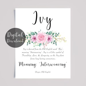 Ivy Name Meaning Print: Pink Flowers with calligraphy (Digital Download)