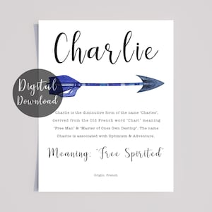 CHARLIE Personalised Name Meaning Printable with blue watercolour arrow: Digital download