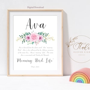 AVA Name Bedeutung Kinderzimmer Druck: Personalisierte baby rosa Blumen Wandkunst (digitaler Download)