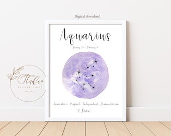 AQUARIUS Star sign Constellation printable : Purple watercolour (digital download)
