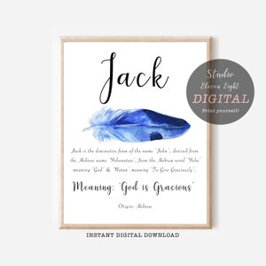 Significado do nome Jack para impressão com pena azul, nome Jack significa download digital instantâneo, impressão de nome personalizado A4, 8x10, 11x14, 16x20
