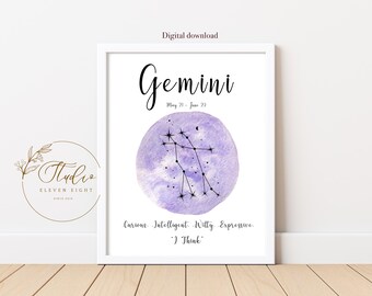 Gemini Star Sign Constellation Printable, purple watercolour Zodiac print (Digital Download)