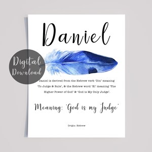 Daniel Name Meaning Print: Blue watercolour Feather (Digital Download)