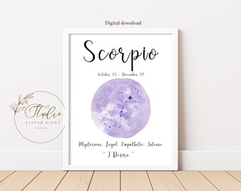 SCORPIO Star Sign Constellation Printable, Purple watercolour Zodiac print (Digital download)