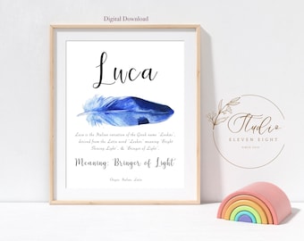 LUCA Name Meaning Print : Boys Personalised Blue Feather Nursery Printable (Digital download)