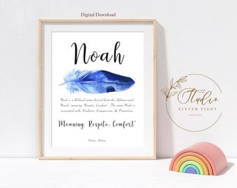 NOAH Name Meaning Print: Blue Feather Boys Personalised Nursery Printable (Digital Download)