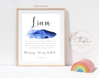 LIAM Name Meaning  Print : Boys Personalised Blue Feather printable (Digital download)