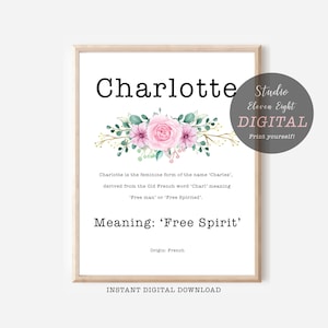 Signification du nom de Charlotte imprimable avec des fleurs roses et conception de polices de machine à écrire, Signification du nom personnalisé de Charlotte en téléchargement immédiat