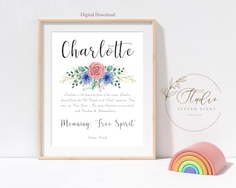 CHARLOTTE Name Meaning Printable : Girls Personalised Floral Nursery Wall (Digital Download)