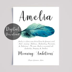 Amelia name Meaning Digital Download with Teal watercolour feather and Calligraphy Style font