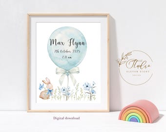 Personalised Newborn Boy Nursery Print : Blue Balloon with Bunny Art Watercolor Printable