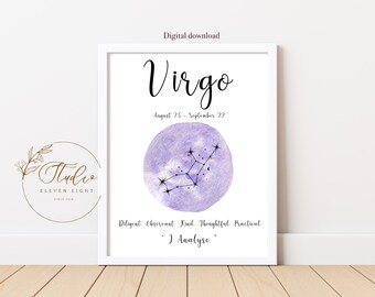 VIRGO Star Sign Constellation Printable, purple watercolour zodiac print (digital download)