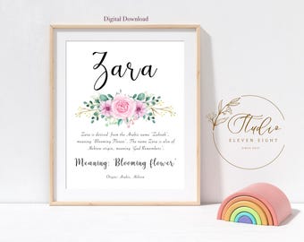 ZARA Name Meaning Printable : Pink floral Personalised Nursery print (Digital Download)