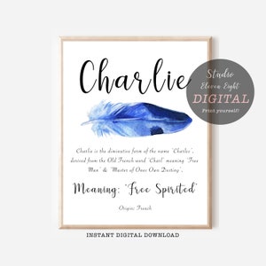 Charlie Name Meaning Digital Print, Blue Feather, Charlie Name Sign Printable, Boy Nursery,  Personalised Name Print, A4, 8x10, 11x14, 16x20