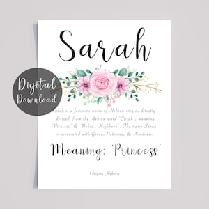 Sarah Name Meaning Print: Pink Flowers, calligraphy (Digital Download)