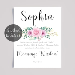 Sophia Name Bedeutung rosa Floral bedruckbar mit Kalligraphie: Digital Download