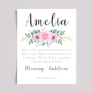 Amelia Name Meaning Print with Pink watercolour Floral art, Amelia Personalised Gift,  Gifts for her, Naming gift , kids, nursery wall art
