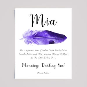 Mia Personalised Name Meaning print with Purple watercolour feather with Calligraphy font, Mia Nursery Art, Kids room, Boho wall art