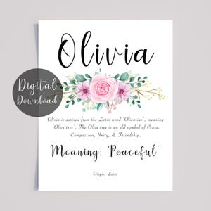 Olivia Name Meaning Printable with pink flowers and calligraphy style font : download